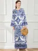 Casual Dresses Newest Autumn Runway Loose Maxi Dress Women Blue and White Porcelain Flower Print Bohemian Side Split Long Vestidos Female Robe J230705