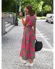 2023 Womens Dresses Casual Vacation Polka Dot Print Tie Waist V-Neck Mid Length Short Sleeve Dress