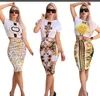 Women's Two Piece Sets Dress Fashion Temperament G Print Two Piece Tight Sexy Wrap Hip Mid Length Bollinger Skirt V Casual Dresses