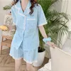 Damen-Nachtwäsche, Damen-Pyjama-Set, Rüschen, Plaid, Blumendruck, Sommer, Zuhause, Anzug, Shorts, Pyjamas, Freizeithemden, Tops, 2 Stück, Kleidung, D411