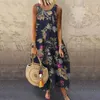 Casual Dresses Summer Dress Women Vintage Sleeveless Floral Printed Long Cotton Linen Sundress Baggy Beach