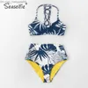 Damen Bademode SEASELFIE Tank Top Hohe Taille Bikini Sets Frauen Sexy Blau und Weiß Blatt Zwei Stücke Badeanzüge Strand Schwimmen Anzug Z230705