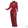 Robes Décontractées De Base Satin De Soie Sexy Robe À Manches Longues Fête Femmes Night Club Doux Automne Solide Split Baisser La Livraison Appa Dhbma