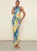 Abiti casual Vintage Stampa floreale Halter Lace Up Pieghe Abito per le donne Elegante senza maniche aderente Tie-dye Vestidos Summer Evening Party Gown J230705