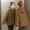 Women's Trench Coats 2023 Winter Thickened Padded Jacket Women Casual Loose Parkas Blue Fashion Hat Pocket Short Korean Down Warm Cotton