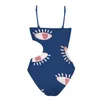 Dames Zwemkleding Blauw Badpak met één oogprint Hol Halter Bretels Bikini Eendelig Mesh Splitrok Strandkleding 2023 Voorverkoop