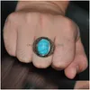 Anillo solitario para hombre Turquesa Grieta Anillos de piedra Vintage Retro Acero inoxidable Dedo tallado natural para niños Moda Punk Joyería Dr Dhqnz