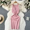 Fritidsklänningar Enfärgade Ärmlösa Kvinnor Chic Kvinna Dam Vestido Mode A Line Grimma Criss Cross Sommar Rosa Elegant Festklänning