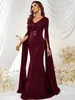 red Burgundy dubai Mermaid Prom Dresses long sleeve V neck Plus Size Arabic Sequined Beaded Evening wear Gown Poet Long Sleeves bling satin Formal Party Dress 2023