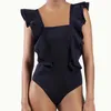 Women's Swimwear Solid Color Ruffle One Piece Swimsuit Retro Square Neck Backless Bikini Sexy Slim Fashion 2023 for Women