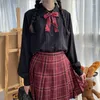 MAGOGO Original femmes chemise à manches longues Lolita rétro mince couleur unie haut en mousseline de soie Blouse sans nœud