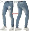 Men's Jeans Mens Solid Color Distressed Biker Cool Jeans Fashion Slim Ripped Washed Pencil Pants Men Jean Male High Street Z230711