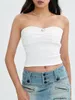 Regata Feminina Wsevypo Tops com Tubo Ruched Verão Branco Colete Sem Alças Fairycore Doce Ombro Fora 3D Roseta Bandeau Crop