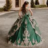 Vert Brillant Robe De Bal Quinceanera Robes Dentelle Appliques De L'épaule Vestidos De 15 ans Cour Train Puffy Sweet 16 Robe