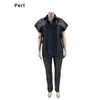 Women's Plus Size Pants Perl Pu Leather Two Piece Polo TopElastic Set Black Matching 230705