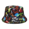 Berets Fashion Cartoon Letter Graffiti Bucket Hats For Women Men Summer Outdoor Sunscreen Panama Female Sun Hat Fishing Fisherman Caps