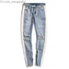 Men's Jeans Mens Jeans Designer Skinny Ripped White Striped Jeans Fashion Stretch Slim Drstring Biker Pants Black Blue Z230711