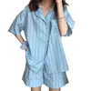 Damennachtwäsche 2 Teile/satz Frauen Pyjamas Set Koreanische Stil Gestreiften Schlafen Kurzen Ärmeln Cartoon Kuh Druck Dame Nacht Kleidung