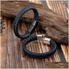 Charm Bransoletki Męskie Trendy Prawdziwej Skóry Mtilayer Niebieski Czarny Pleciony Liny Ręcznie Ze Stali Nierdzewnej Klamra Wrap Bangle Diy Biżuteria Dhgqj