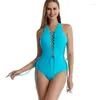 Damenbadebekleidung Halter Frauen Einteiliger Badeanzug 2023 Sexy aushöhlen schwarz gebunden Patchwork Push Up Monokini rückenfreier Badeanzug Q45