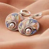 Dangle Earrings Fashion Round Metal Silver Color Inlaid Pearl Earring Vintage Painting Multicolor Pattern Drop For Women Jewelry