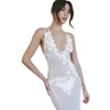 2023 New Deep V Open Back Suspended Dress Mesh Perspective 3D Flower Dress