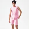 Herren-Badebekleidung, sexy, silberfarben, glänzend, eng, transparent, Tank-Top, Fünf-Punkte-Unterwäsche, Öl, Fitness-Shorts, glattes Schwimmen, Yoga-Set, Übergröße, 230705