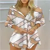 Kadın Tişörtleri Kadın Stripe Baskılı Elbise 2023 Yaz Günlük Yakası V-Yığın Uzun Kollu Mini Elbiseler Moda Gevşek Düzensiz Düğme