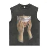 T-shirt da uomo T-shirt da uomo 2023 nuova estate hip hop Fried Street lavaggio scuro ritratto gilet da basket marchio di moda da uomo T-shirt senza maniche allentata