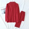 Roupa de dormir feminina Primavera e outono Casal Pijama de malha Calças de manga comprida Duas peças Algodão Vermelho Terno de serviço doméstico masculino