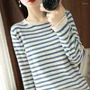Women's Sweaters Cotton Linen Soft Sweater Curled O-neck Strip Pullover Spring Autumn Color Matching Casual Knit Fashion Tops