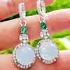 Dangle Earrings Luxury Round Moonstone Earring For Women Gorgeous Silver Color Metal Inlaid Zircon Drop-shaped Green Stone