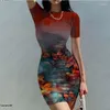 Casual Dresses Summer Selling Tight Dress Women's Short Sleeve Round Neck 3D Printed Sexy Wrap Hip Breathable Party