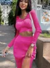 Two Piece Dress Knitted Winter Women Sexy Sweater Skirt Suit Y2K Fashion Long Sleeve Crop Tops And Split Sets 230704