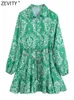 Casual Dresses ZEVITY Women Fashion Paisley Floral Print Belt Mini Shirt Dress Female Chic Casual Big Swing Hem Pleat Green Vestidos DS9353 J230705