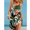 Fritidsklänningar Tropic Plant Dammode Print Klänning Midi Kvinnor Bohemian Strap Beach Lady Evening Party Ärmlös fåll