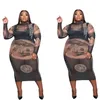 Grande taille argent Dollar imprimer Sexy Slim Fit robes femmes col montant manches longues robe de pansement printemps maille voir à travers Vestidos239U