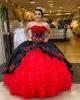 Винтажные шарро мексиканские платья Quinceanera черные элегантные оборки органзы готические панк -платья аппликации кружев