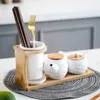 Storage Bottles European Style Ceramics Seasoning Box Set Salt Shaker Oil Bottle Chopstick Tube Combination With Bamboo Tray Home Kitchen