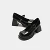 Chaussures habillées Mary Jane Block Heel High Round Head Femme Cuir verni Talons noirs