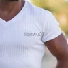 メンズ Tシャツ男性 V ネック半袖 Tシャツスリムフィットスポーツストリップ Tシャツ男性固体ファッション Tシャツトップス夏ニットジムフィットネス服 J230705