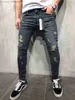 Herrjeans Mode Herrjeans Straight Slim Fit Biker Jeans Byxor Distressed Skinny Ripped Destroyed Denim Jeans Tvättade Hiphop Byxor Z230707