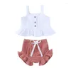 Kleding Sets Zomer Nieuwigheid Baby Meisjes Katoen Linnen Kleding Set Zuigeling Mouwloos Effen Verstoorde Zoom Tank Knop Tops Shorts 2 stuks Outfit