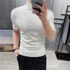 Men's Sweaters British Style Men's Sweater Pure Color Short Sleeves Semi High Necked Pullover for Male Knit Sweater Tops Plus size S-3XL 230704