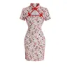 Ethnic Clothing Women Chinese Style Floral Print Cheongsam French Pink Elegant Dresses Fashion Korean Lady Sexy Slim Qipao Party Dress