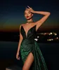 Seksi Koyu Yeşil Balo Elbiseleri V Boyun Glitter Akşam Elbise Piller Kılıç Kılıfı Formal Uzun Özel Günlük Parti Elbise