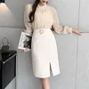 Saias Coreana Elegante Verão Feminino Cintura Alta Dividida Damasco Mujer Faldas Office Lady Stretch Envoltório Quadril Saia Midi Linha A P173