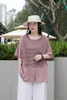 여자 T 셔츠 2023 여름 실크 라운드 목 큰 티셔츠 스타일 줄무늬 한국 패션