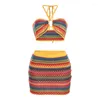 Casual Dresses Striped Colorful Halter Shirt Mini Dress Tracksuit Clothes For Women Outfit Skirt Two Piece Set