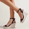 Sandals Trendy Brand High Heels Espadrille for Women Leisure Platform Ankle Strap Sandal Straw Black Summer Wedges Shoes 230704